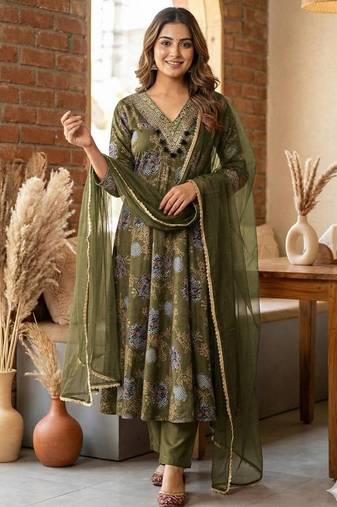 Green embroidered anarkali gown set