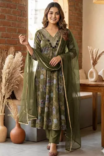 Green embroidered anarkali gown set