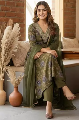 Green embroidered anarkali gown set