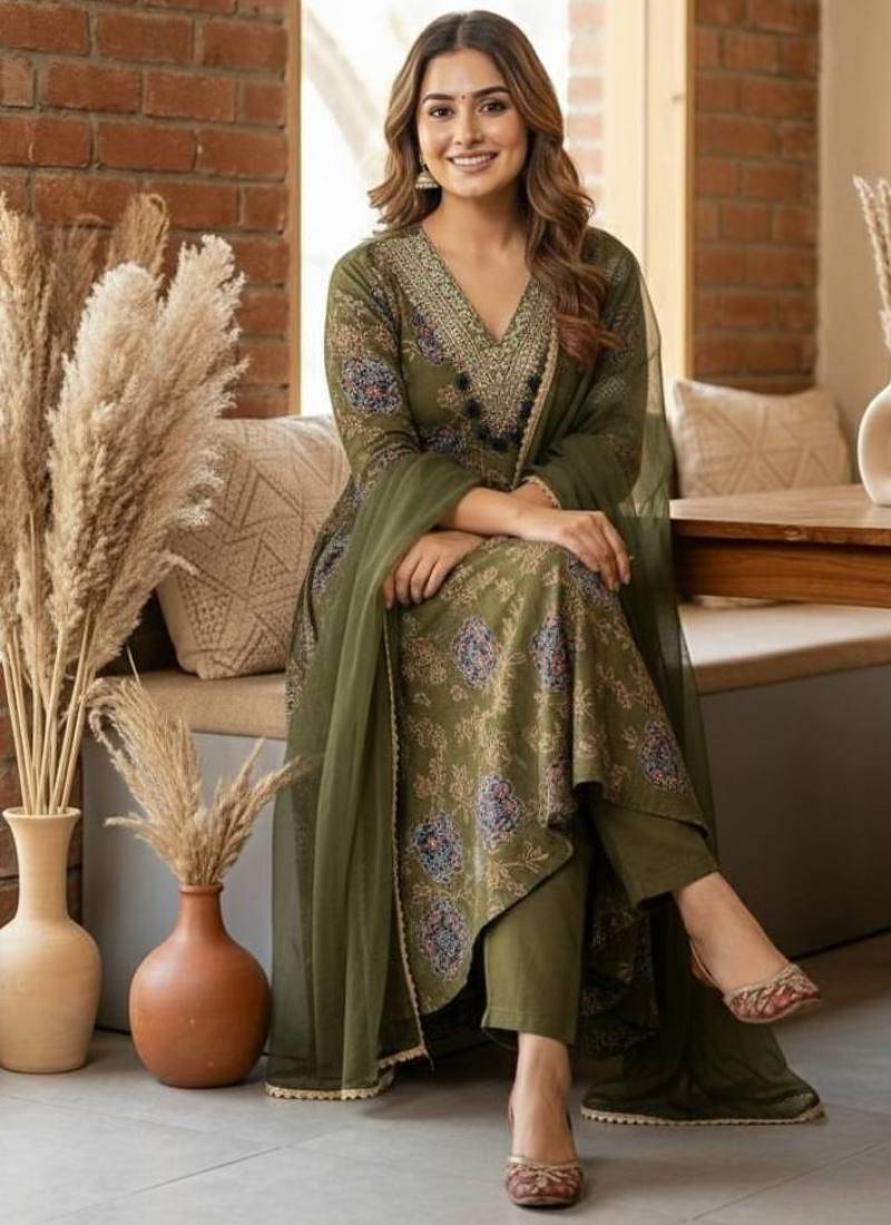 Green embroidered anarkali gown set