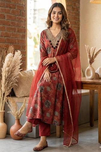 Red embroidered anarkali gown set