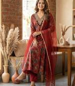 Red embroidered anarkali gown set