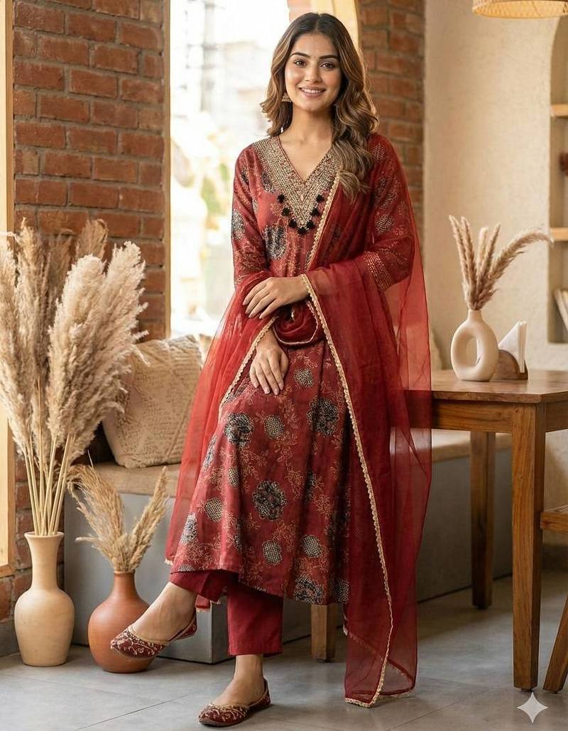 Red embroidered anarkali gown set