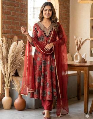 Red embroidered anarkali gown set 2