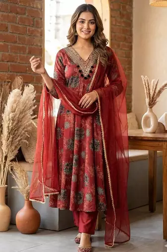 Red embroidered anarkali gown set