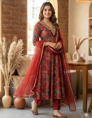 Red embroidered anarkali gown set 3