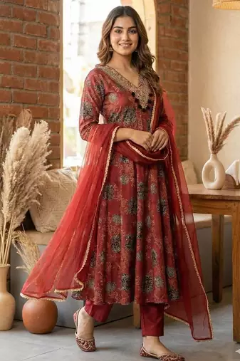 Red embroidered anarkali gown set