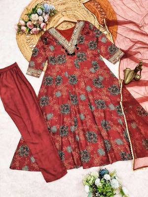 Red embroidered anarkali gown set 4