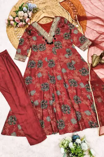 Red embroidered anarkali gown set