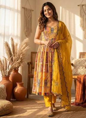 Yellow embroidered anarkali gown set 1