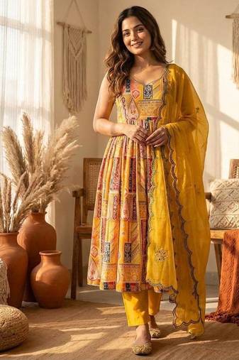 Yellow embroidered anarkali gown set