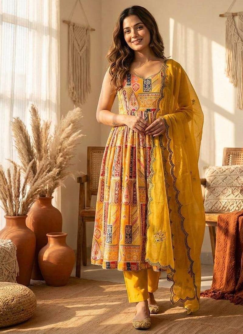 Yellow embroidered anarkali gown set