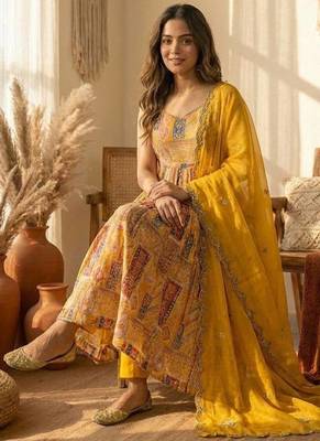 Yellow embroidered anarkali gown set 2