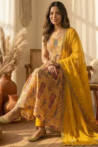 Yellow embroidered anarkali gown set