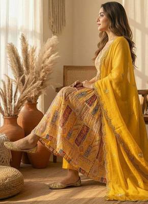 Yellow embroidered anarkali gown set 3
