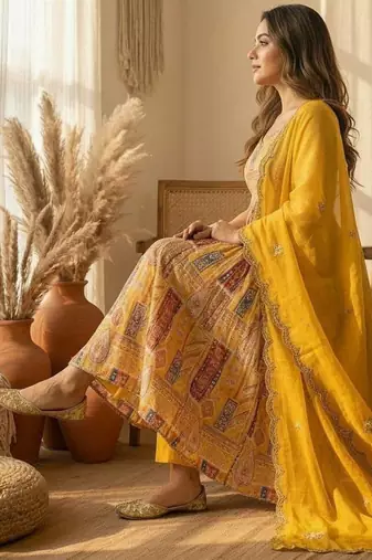 Yellow embroidered anarkali gown set
