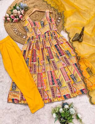Yellow embroidered anarkali gown set 4
