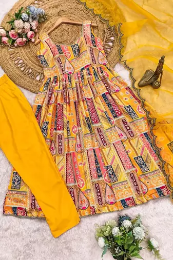 Yellow embroidered anarkali gown set