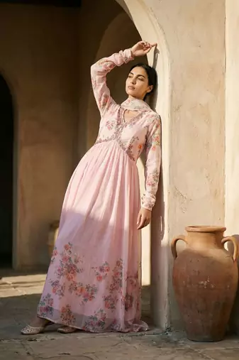 Womens printed anarkali gown set