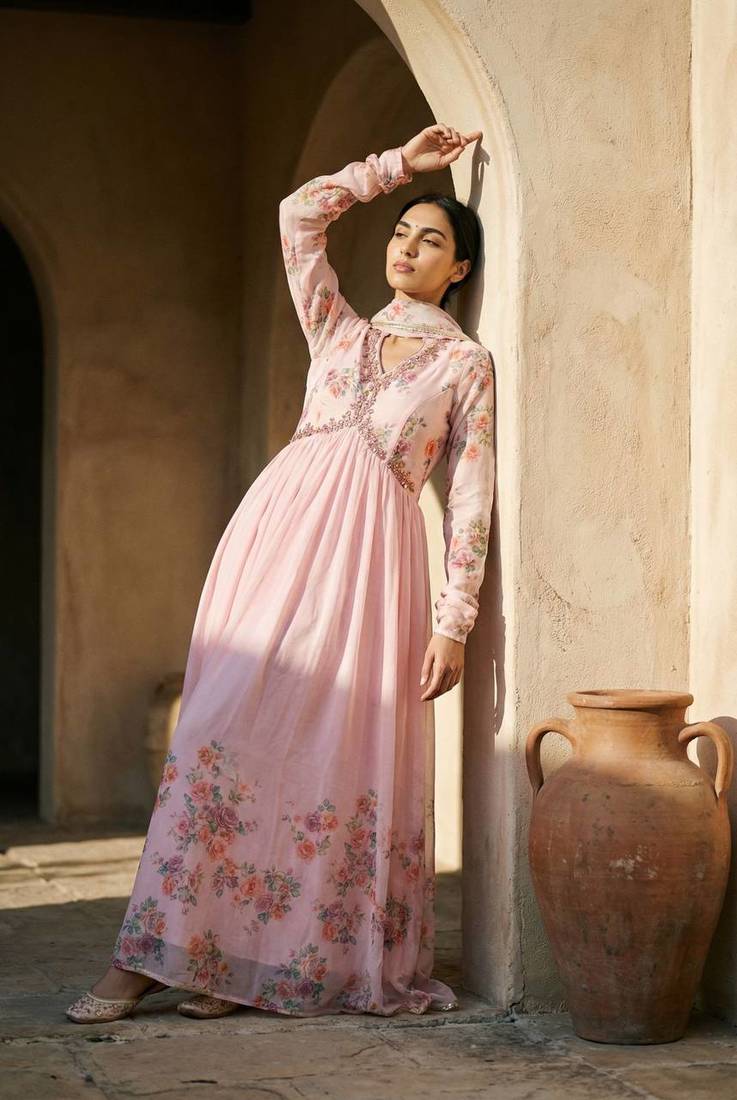 Womens printed anarkali gown set