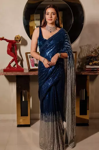 New Designer Georgette Fabric Embroidered seqwance Work Saree With Blouse Set For Women's