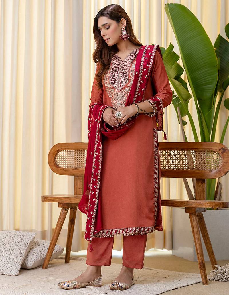 Floral embroidered chinon v neck kurta trouser & dupatta set