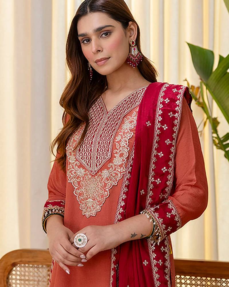 Floral embroidered chinon v neck kurta trouser & dupatta set