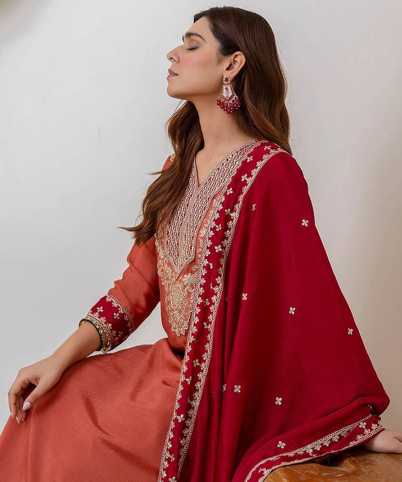 Floral embroidered chinon v neck kurta trouser & dupatta set