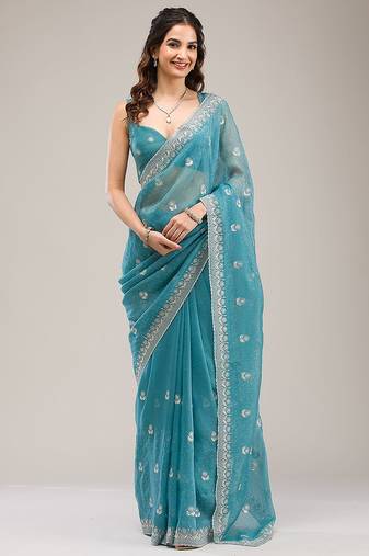 Turquoise Art Silk Embroidery With Siroski Work Saree with Unstitch Blouse Piece