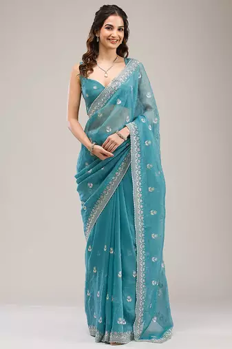 Turquoise Art Silk Embroidery With Siroski Work Saree with Unstitch Blouse Piece