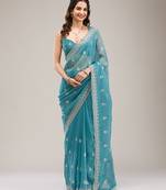 Turquoise Art Silk Embroidery With Siroski Work Saree with Unstitch Blouse Piece