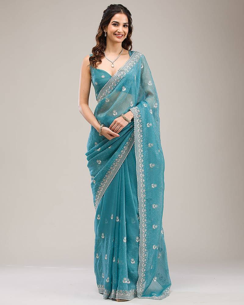 Turquoise Art Silk Embroidery With Siroski Work Saree with Unstitch Blouse Piece