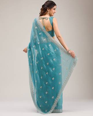 Turquoise Art Silk Embroidery With Siroski Work Saree with Unstitch Blouse Piece 2