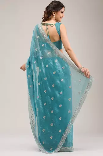 Turquoise Art Silk Embroidery With Siroski Work Saree with Unstitch Blouse Piece