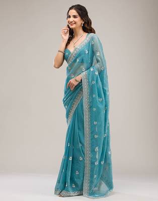 Turquoise Art Silk Embroidery With Siroski Work Saree with Unstitch Blouse Piece 3