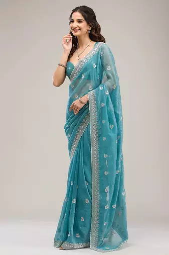 Turquoise Art Silk Embroidery With Siroski Work Saree with Unstitch Blouse Piece