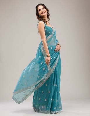 Turquoise Art Silk Embroidery With Siroski Work Saree with Unstitch Blouse Piece 4