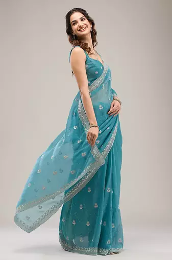 Turquoise Art Silk Embroidery With Siroski Work Saree with Unstitch Blouse Piece