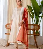 Floral embroidered chanderi silk v neck kurta trouser & dupatta set