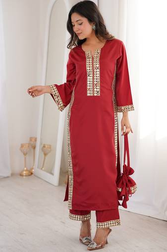 Stylish Maroon Mirror Laced Crepe Wedding Wear Kurti With Pant