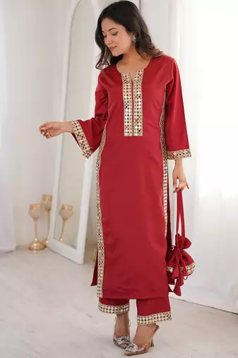 Stylish Maroon Mirror Laced Crepe Wedding Wear Kurti With Pant