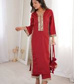 Stylish Maroon Mirror Laced Crepe Wedding Wear Kurti With Pant