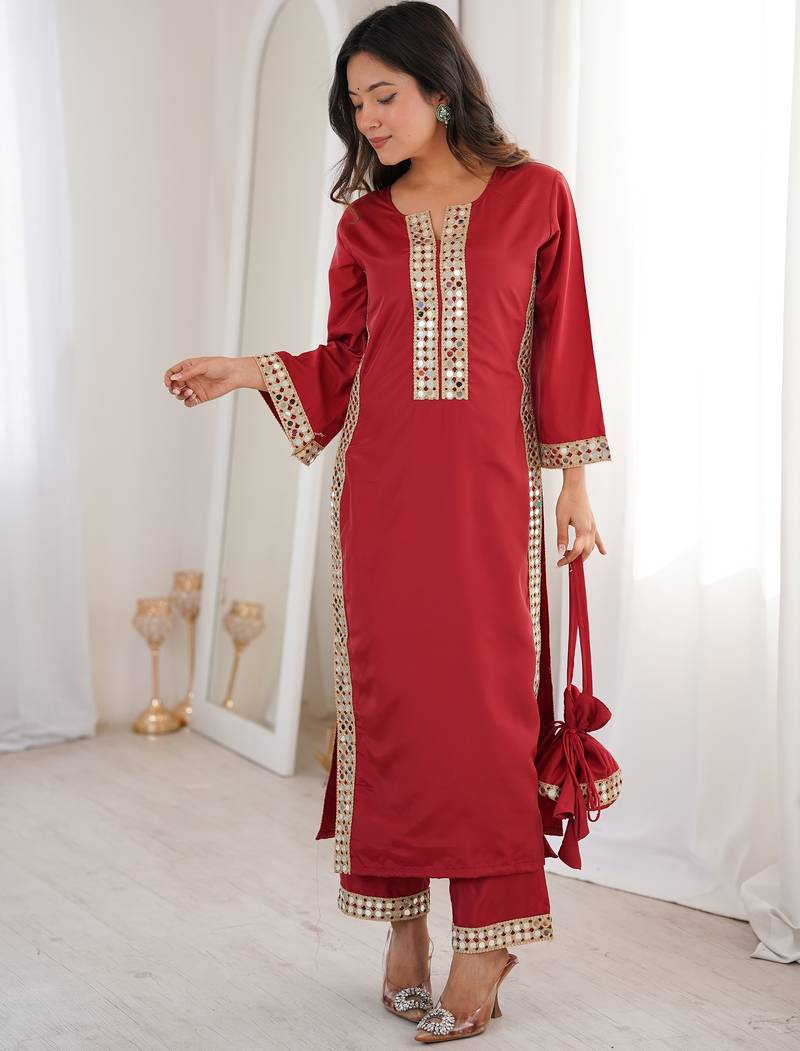 Stylish Maroon Mirror Laced Crepe Wedding Wear Kurti With Pant