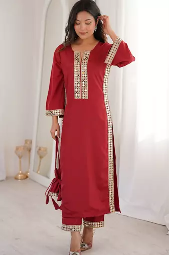 Stylish Maroon Mirror Laced Crepe Wedding Wear Kurti With Pant