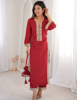 Stylish Maroon Mirror Laced Crepe Wedding Wear Kurti With Pant 3