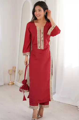 Stylish Maroon Mirror Laced Crepe Wedding Wear Kurti With Pant