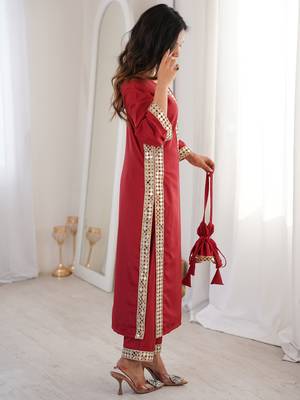Stylish Maroon Mirror Laced Crepe Wedding Wear Kurti With Pant 4