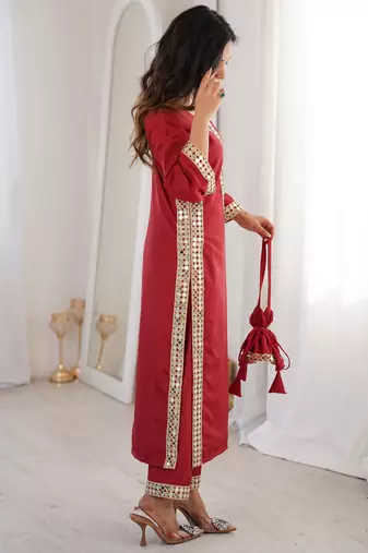 Stylish Maroon Mirror Laced Crepe Wedding Wear Kurti With Pant