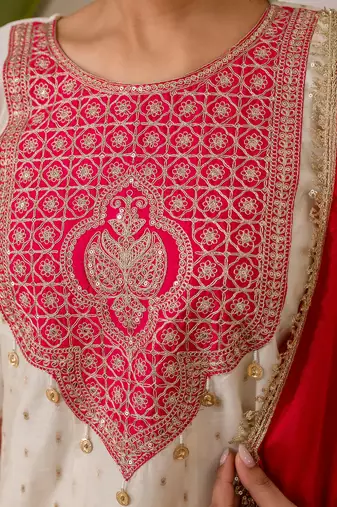 Floral embroidered chanderi silk blend round neck kurta trouser & dupatta set