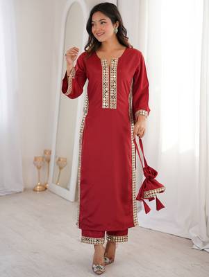 Stylish Maroon Mirror Laced Crepe Wedding Wear Kurti With Pant 5